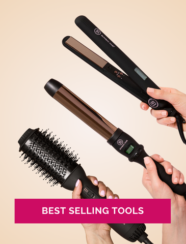 Three hair styling tools held by hands against a beige background with 'BEST SELLING TOOLS' text.